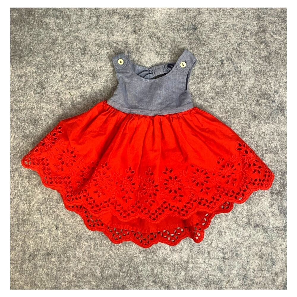 Baby Gap Eyelet Dress, Red and Chambray, Open Back, 0-3 Months, 4th of July